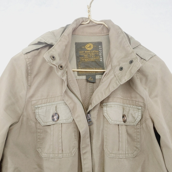 Lucky Brand 100% Cotton Kaki Pockets Drawstring Military  Hooded Jacket P7073 - Picture 2 of 10